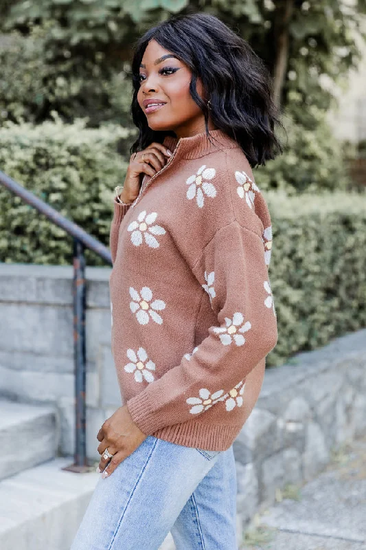 Make It Count Brown Flower Printed Quarter Zip Pullover