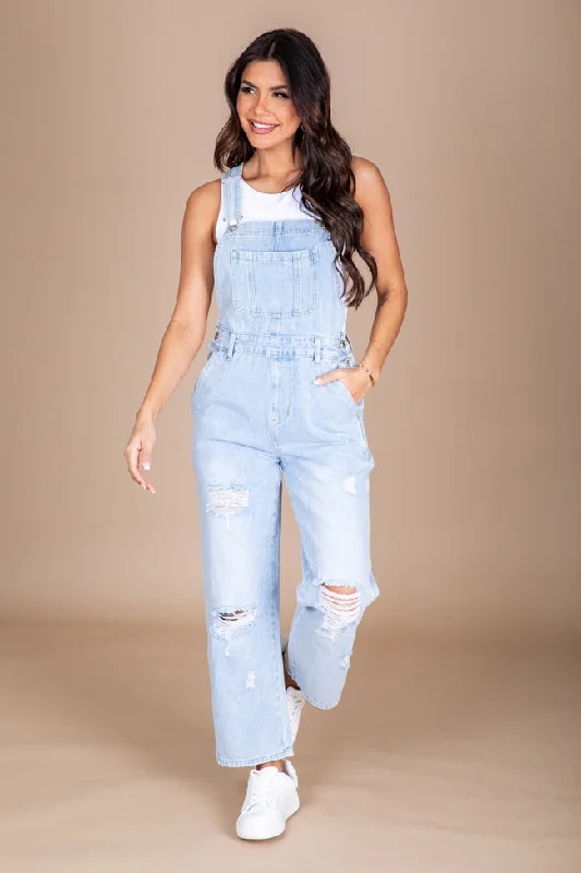 Just A Normal Girl Light Wash Distressed Straight Leg Denim Overalls FINAL SALE