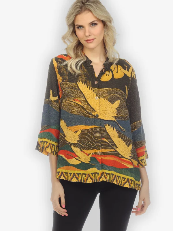 Crane Flying Moon Gold Silk Blouse