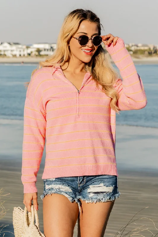 Don't Think About It Pink and Orange Striped Quarter Zip Pullover FINAL SALE