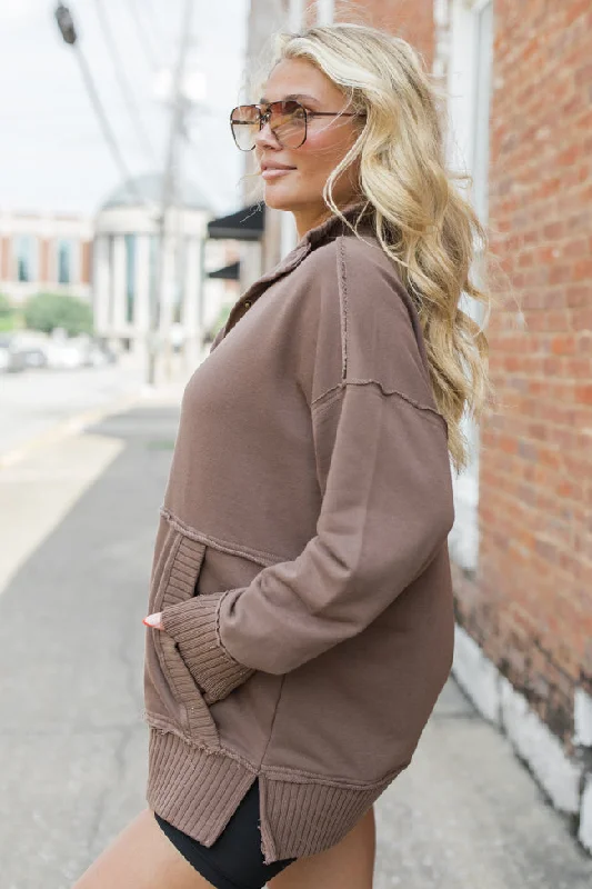 Just Go With It Brown Oversized Henley Pullover