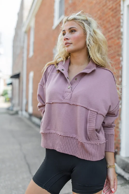 Just Go With It Mauve Crop Henley Pullover