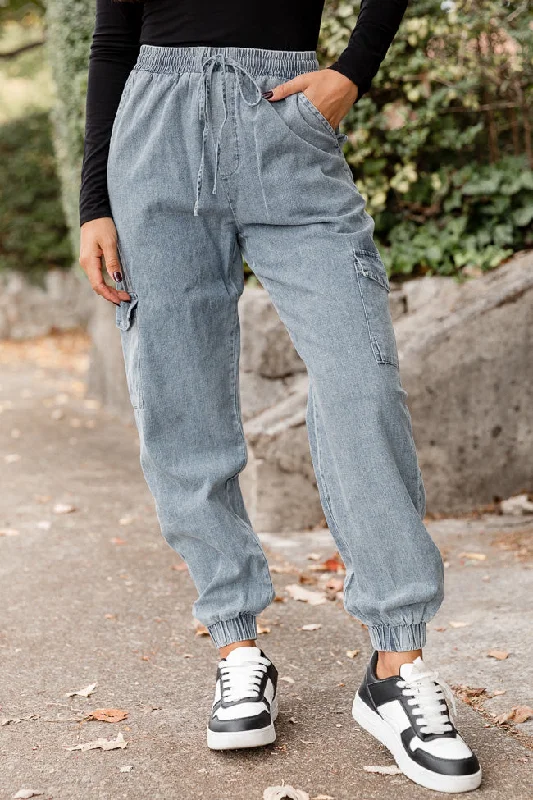 Keep Moving Forward Light Wash Chambray Cargo Joggers FINAL SALE