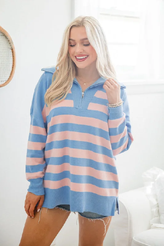 Pulling Heartstrings Blue and Coral Striped Quarter Zip Pullover