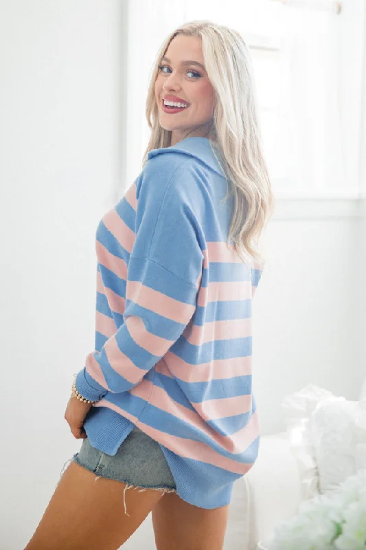 Pulling Heartstrings Blue and Coral Striped Quarter Zip Pullover