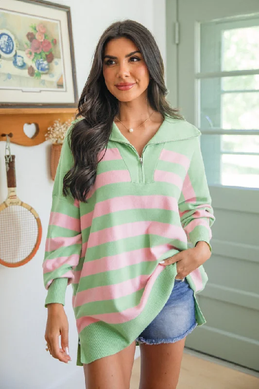 Pulling Heartstrings Green and Pink Striped Quarter Zip Pullover