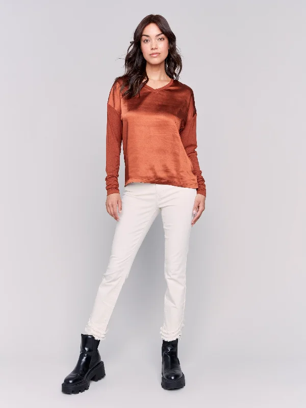 Satin and Jersey V-Neck Knit Top - Terracotta