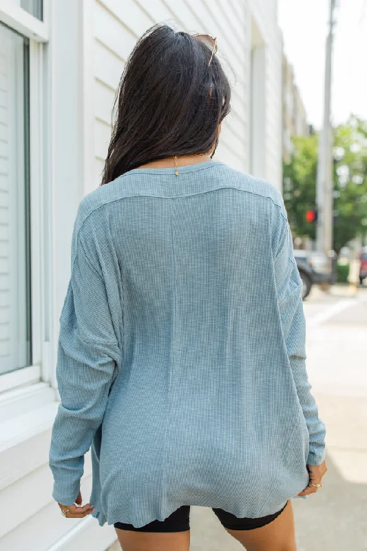 The Way Things Go Blue Ribbed Oversized Pullover